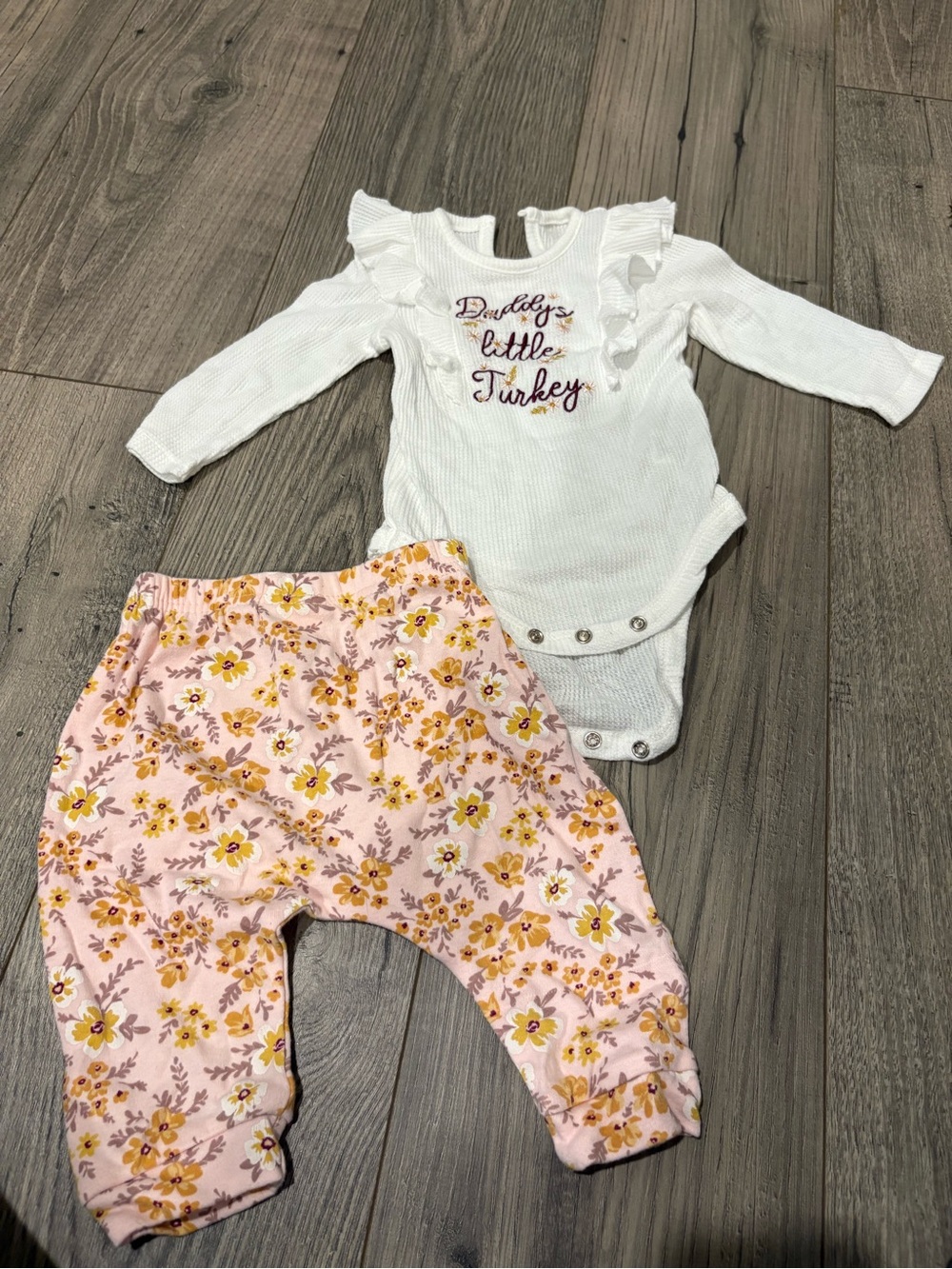 chick pea Pink Floral Jogger Set with White Ruffle Bodysuit